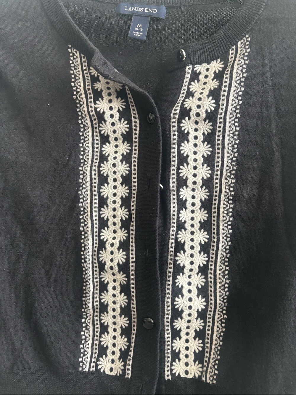 Lands' End Black Cardigan with White Embroidered Trim - Picture 2 of 4